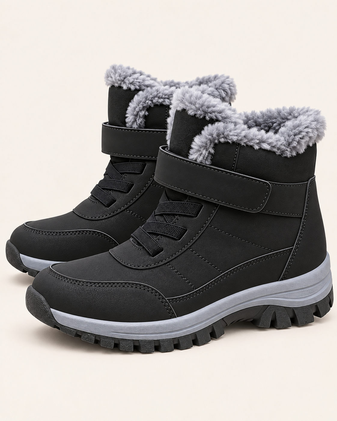 Unisex Fleece Lined Ankle Boots with Hook and Loop Strap in Black, side view