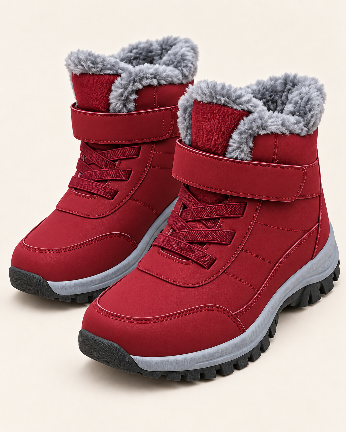 Unisex Fleece Lined Ankle Boots with Hook and Loop Strap in Red, three quarter view