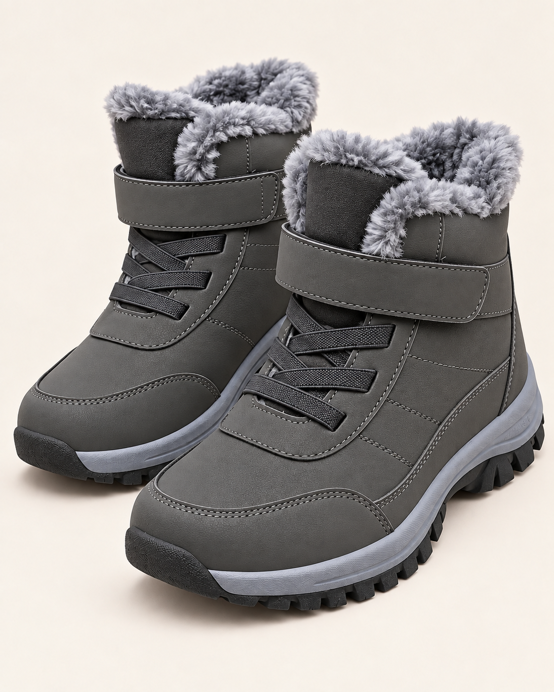 Unisex Fleece Lined Ankle Boots with Hook and Loop Strap in Grey, three quarter view