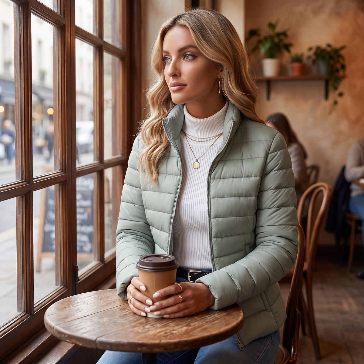 Women's Puffer Jacket — Stand Collar, Zip Front, Quilted, Casual Everyday Outerwear