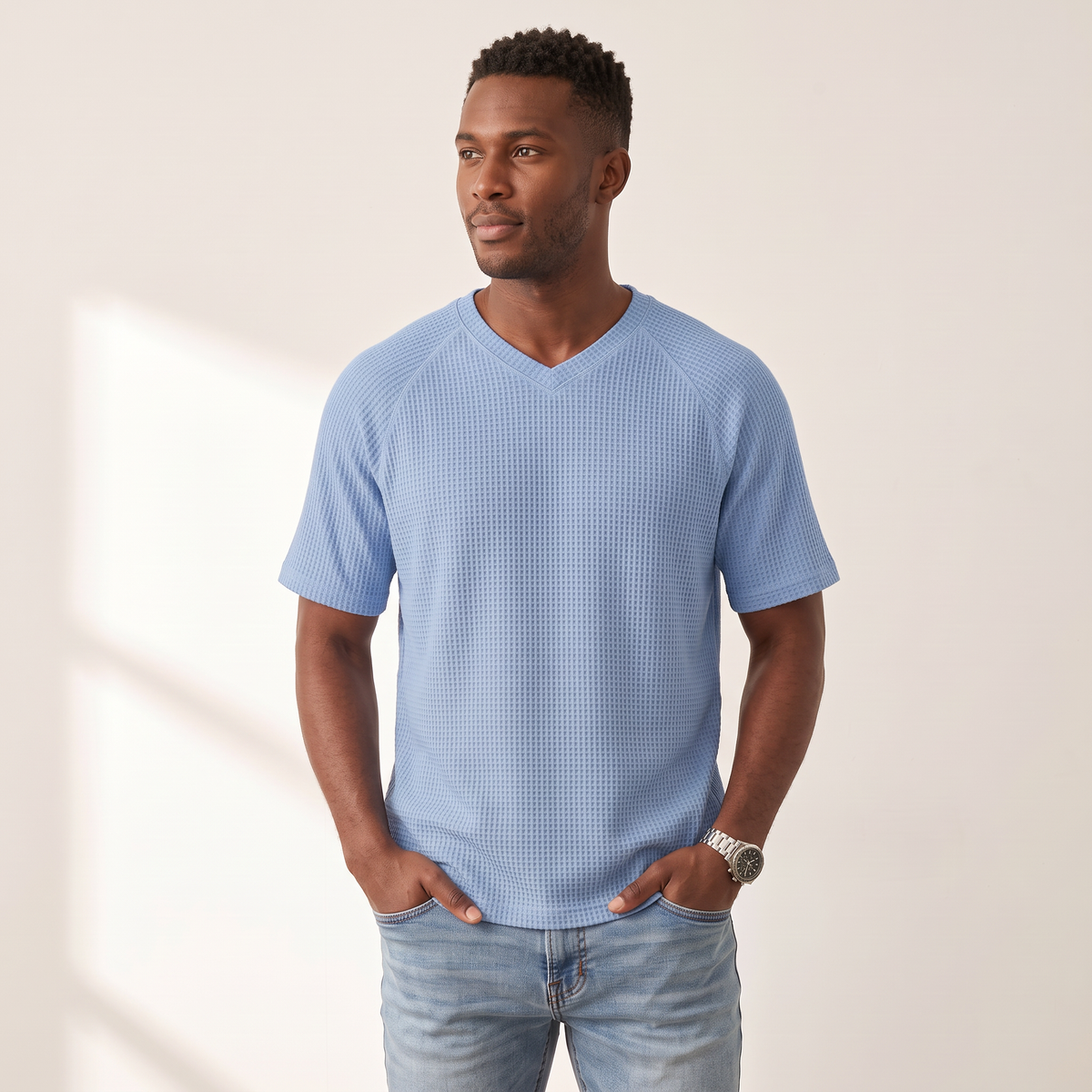 Men's Waffle Knit V-Neck Tee — Relaxed Fit, Short Sleeve, Casual Everyday Wear