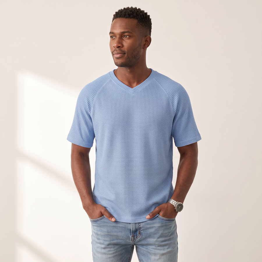 Men's Waffle Knit V-Neck Tee — Relaxed Fit, Short Sleeve, Casual Everyday Wear
