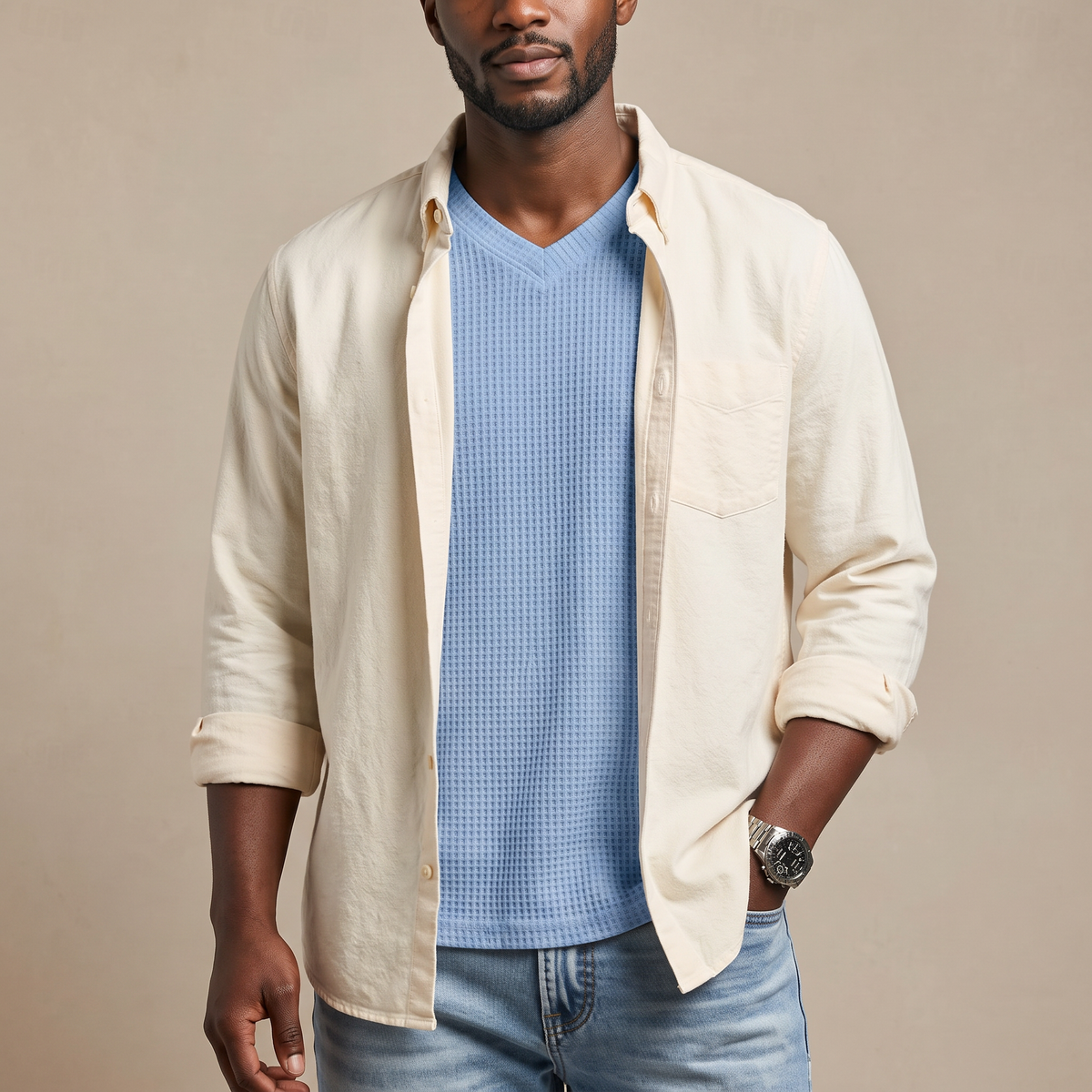 Men's Waffle Knit V-Neck Tee — Relaxed Fit, Short Sleeve, Casual Everyday Wear