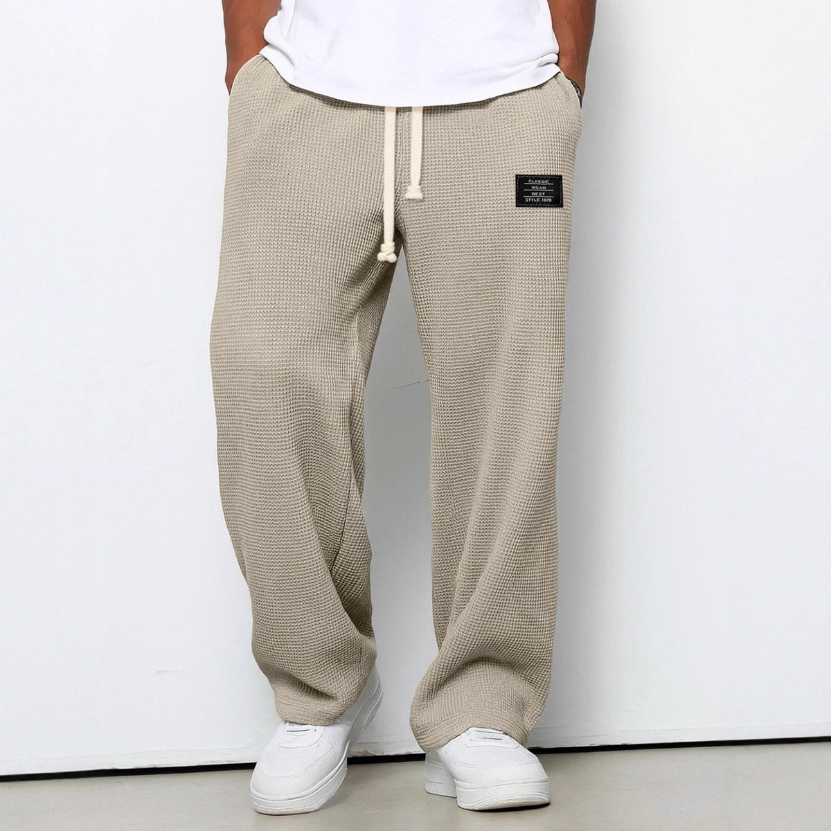 Men's Waffle Wide Leg Trousers — Textured Cotton, Drawstring Waist, Relaxed Fit