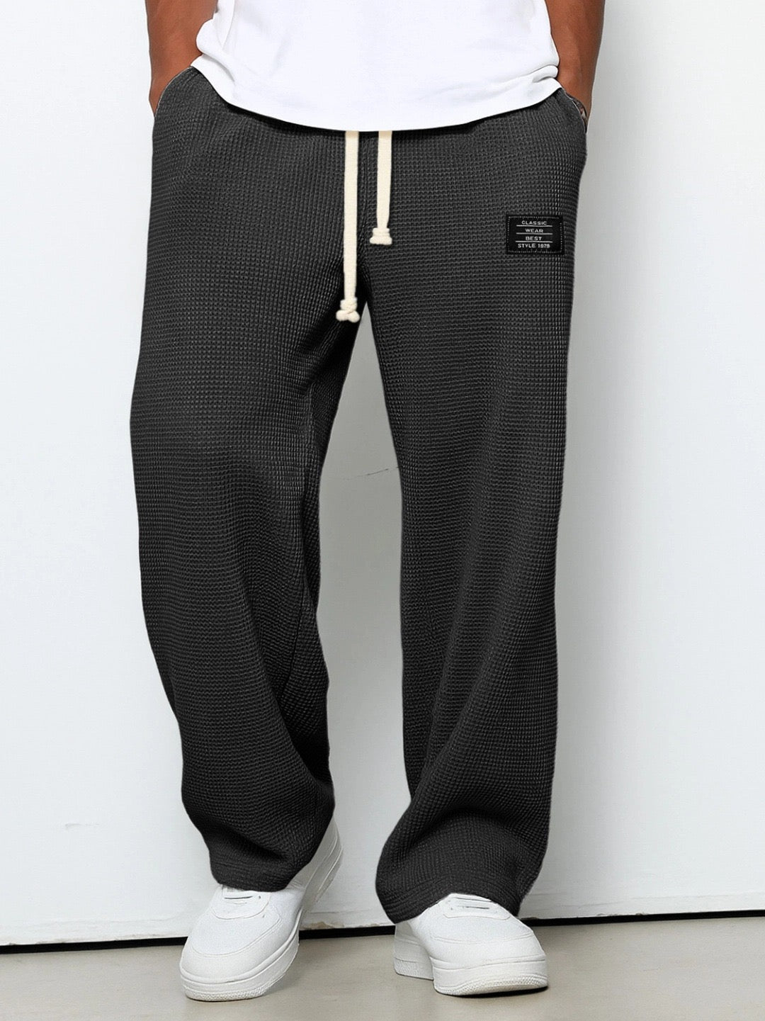 Men's Waffle Wide Leg Trousers — Textured Cotton, Drawstring Waist, Relaxed Fit