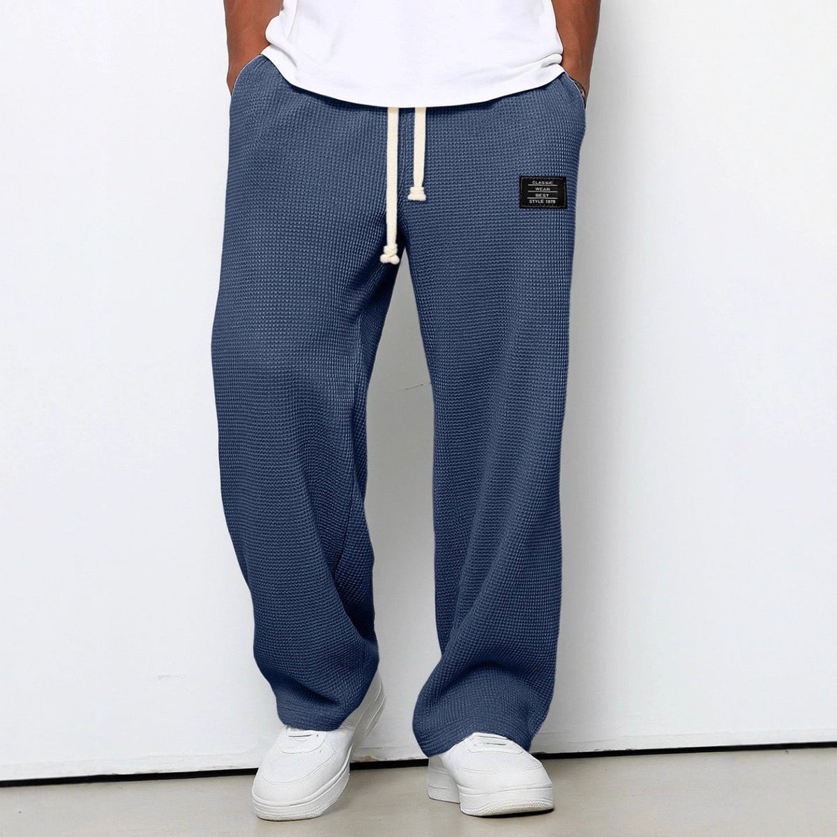 Men's Waffle Wide Leg Trousers — Textured Cotton, Drawstring Waist, Relaxed Fit