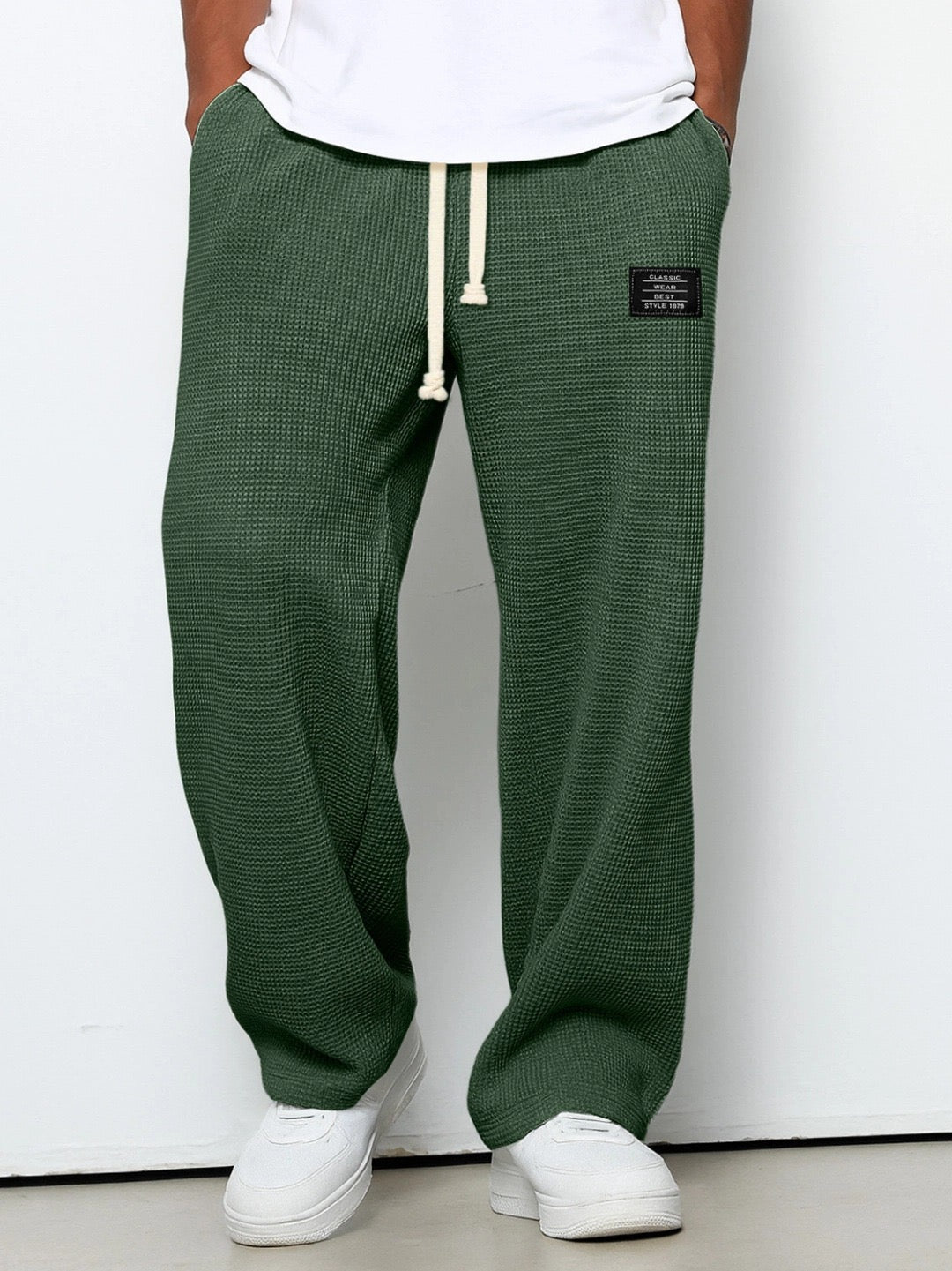 Men's Waffle Wide Leg Trousers — Textured Cotton, Drawstring Waist, Relaxed Fit
