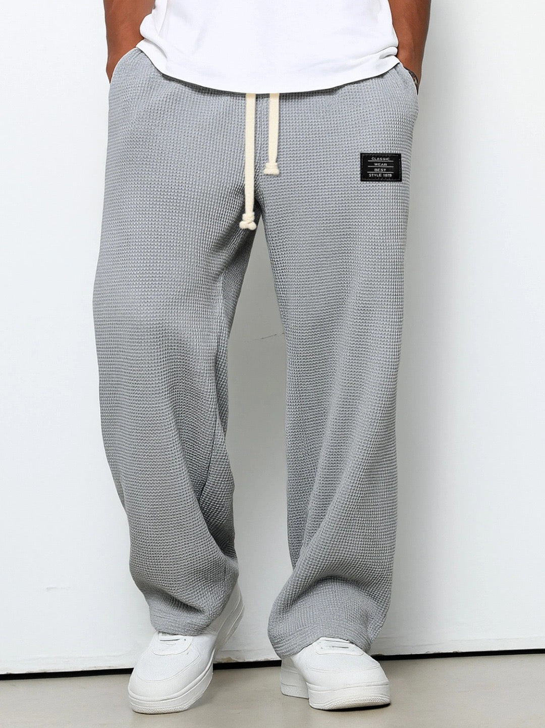 Men's Waffle Wide Leg Trousers — Textured Cotton, Drawstring Waist, Relaxed Fit