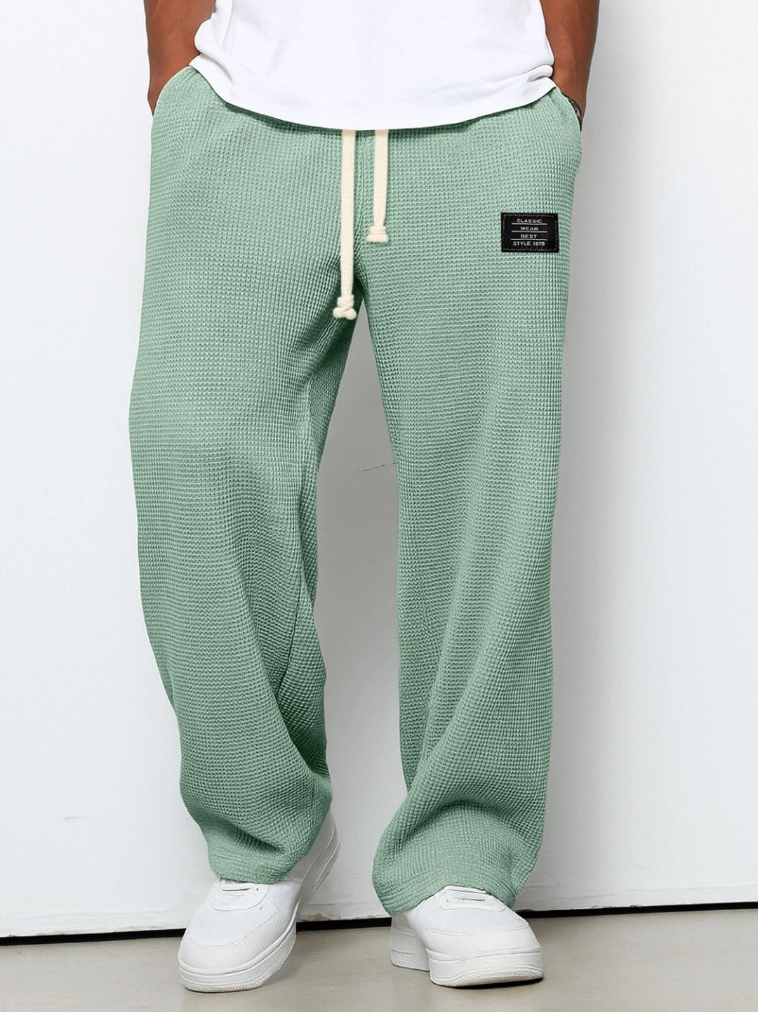 Men's Waffle Wide Leg Trousers — Textured Cotton, Drawstring Waist, Relaxed Fit