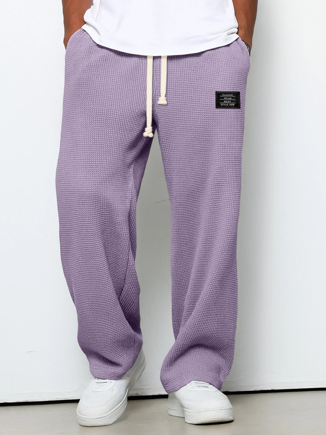 Men's Waffle Wide Leg Trousers — Textured Cotton, Drawstring Waist, Relaxed Fit