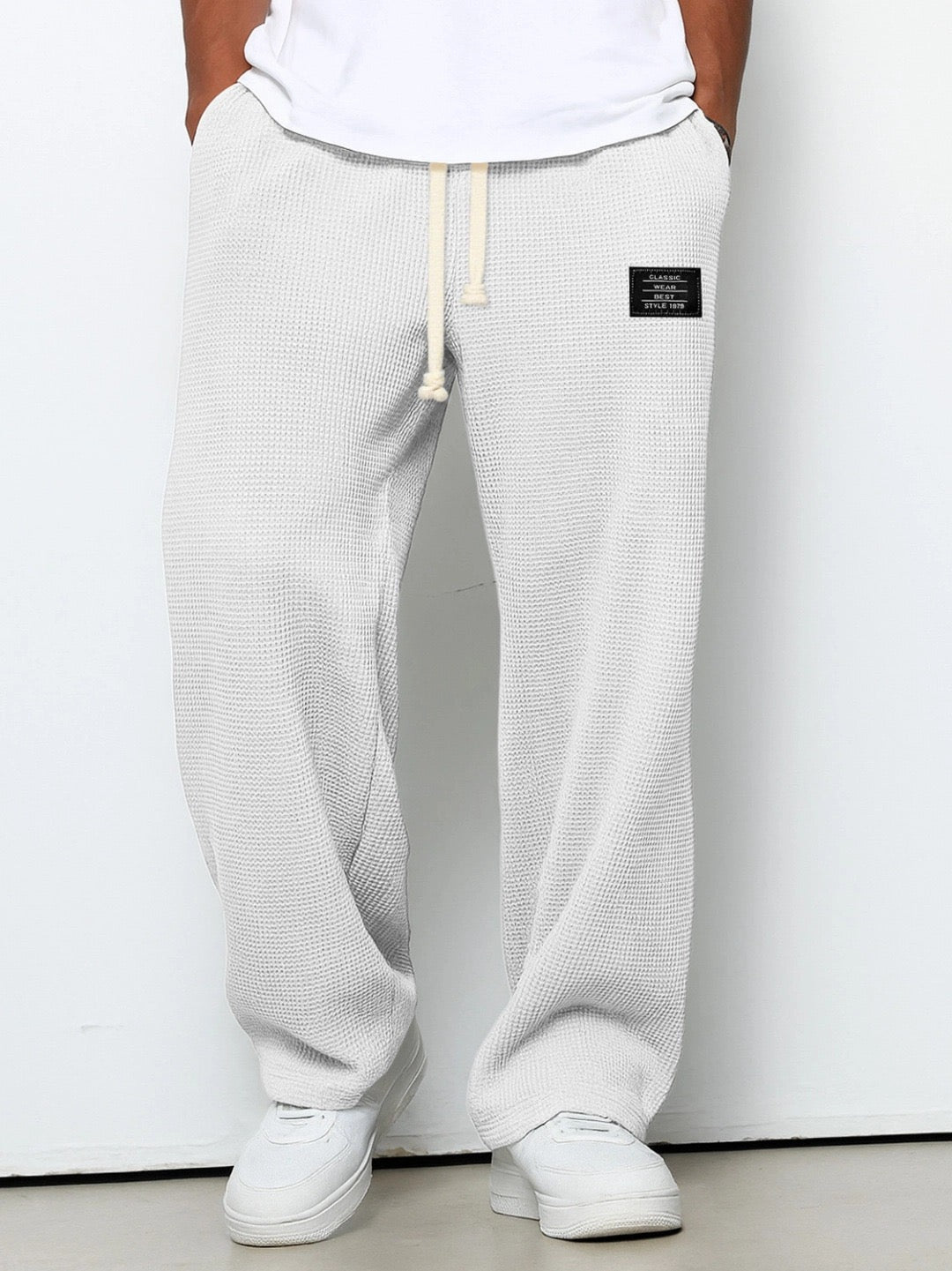 Men's Waffle Wide Leg Trousers — Textured Cotton, Drawstring Waist, Relaxed Fit