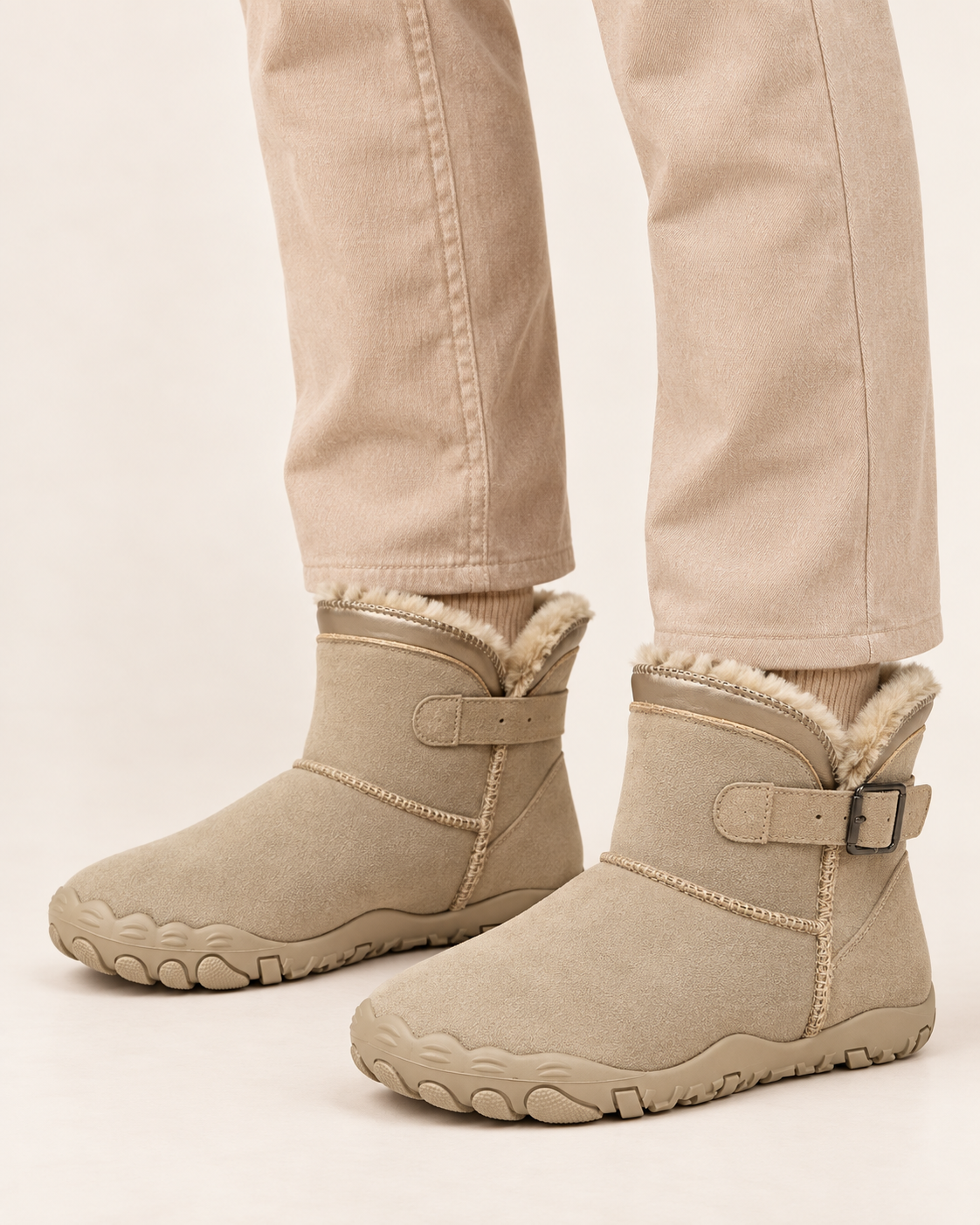 Unisex Fleece Lined Ankle Boots with Wide Toe Box and Buckle Strap in Khaki, on model