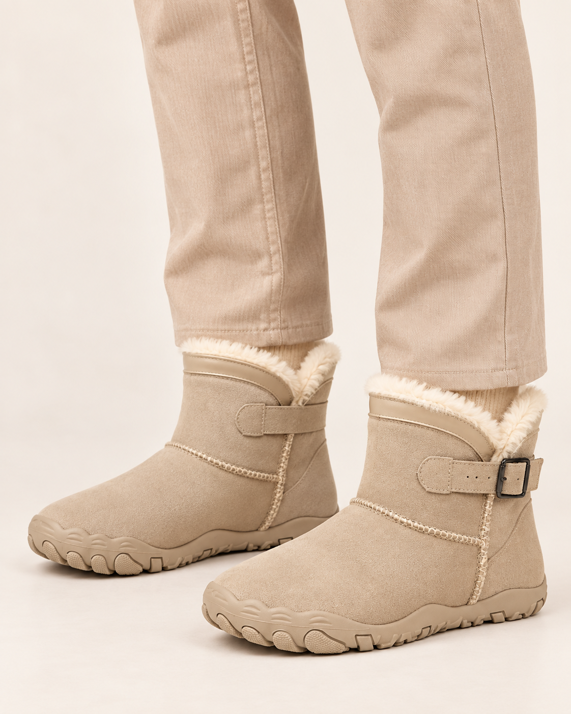 Unisex Fleece Lined Ankle Boots with Wide Toe Box and Buckle Strap in Cream, on model