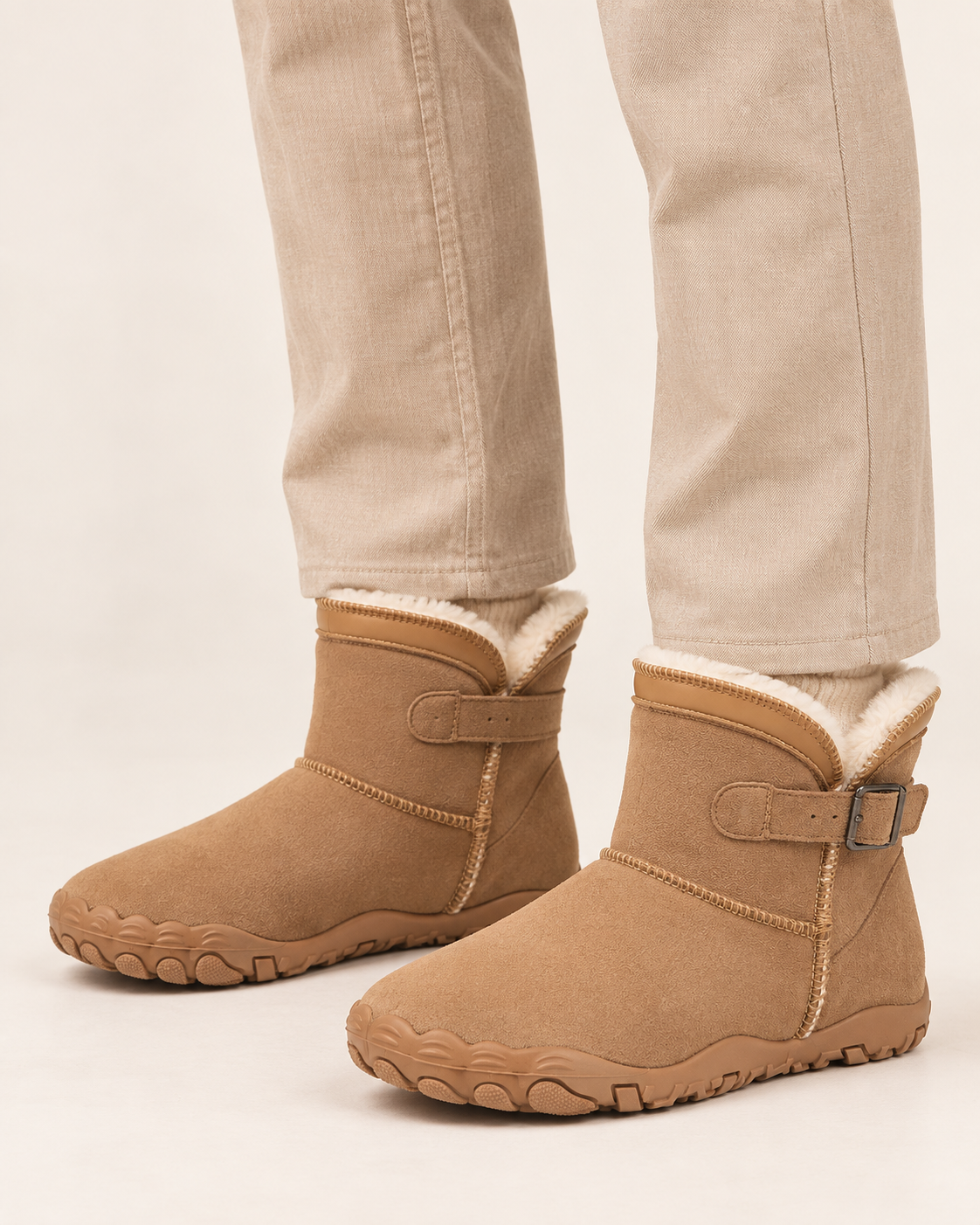 Unisex Fleece Lined Ankle Boots with Wide Toe Box and Buckle Strap in Camel, on model