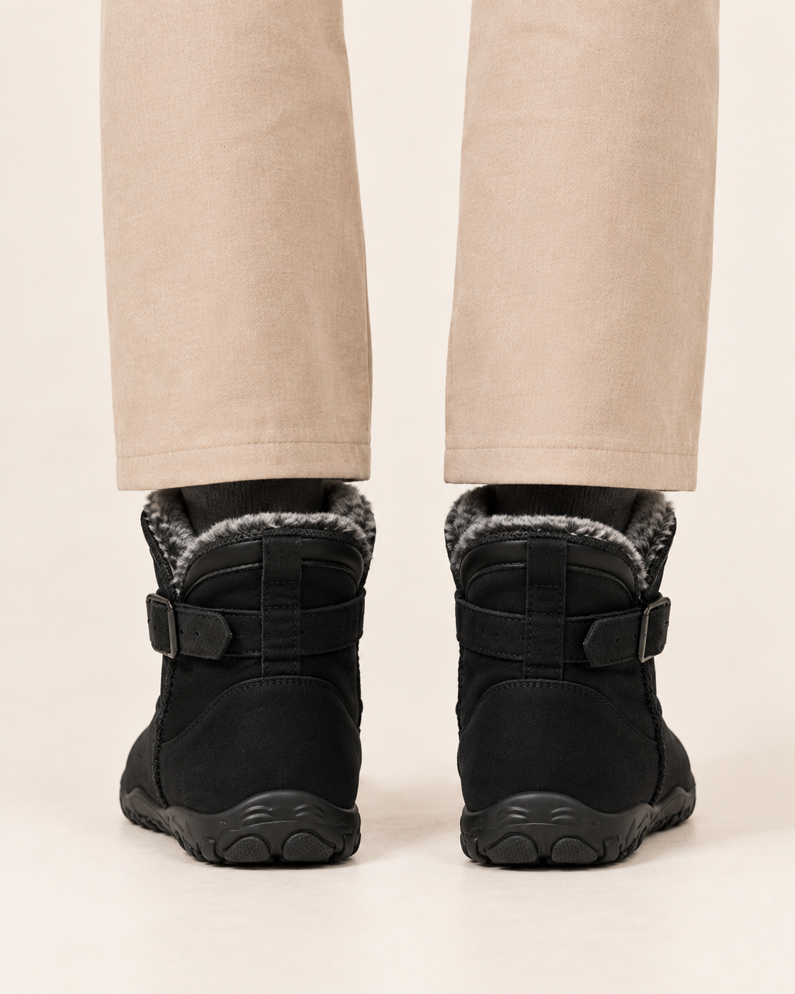 Unisex Fleece Lined Ankle Boots with Wide Toe Box and Buckle Strap in Black, back view
