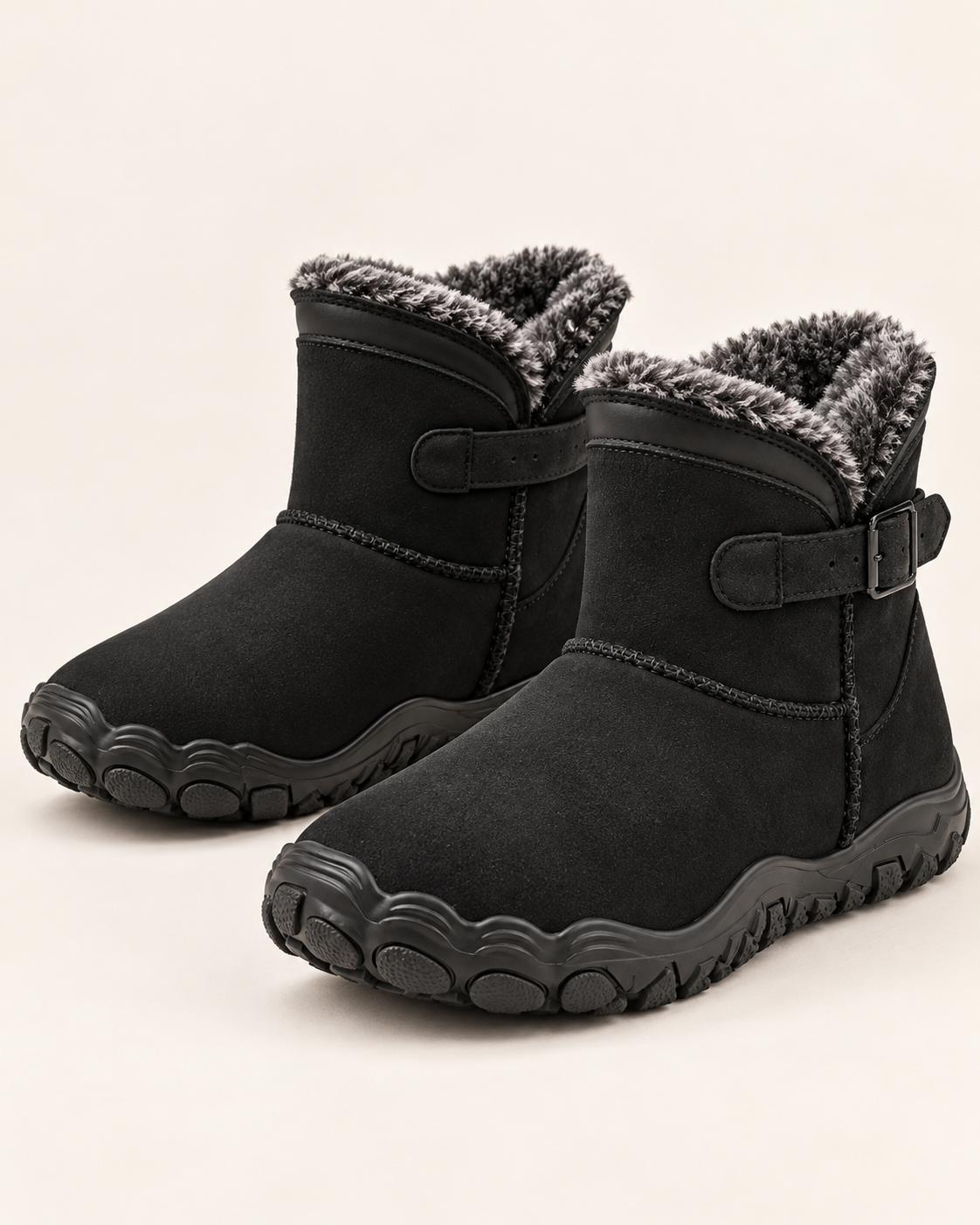 Unisex Fleece Lined Ankle Boots with Wide Toe Box and Buckle Strap in Black, three quarter view