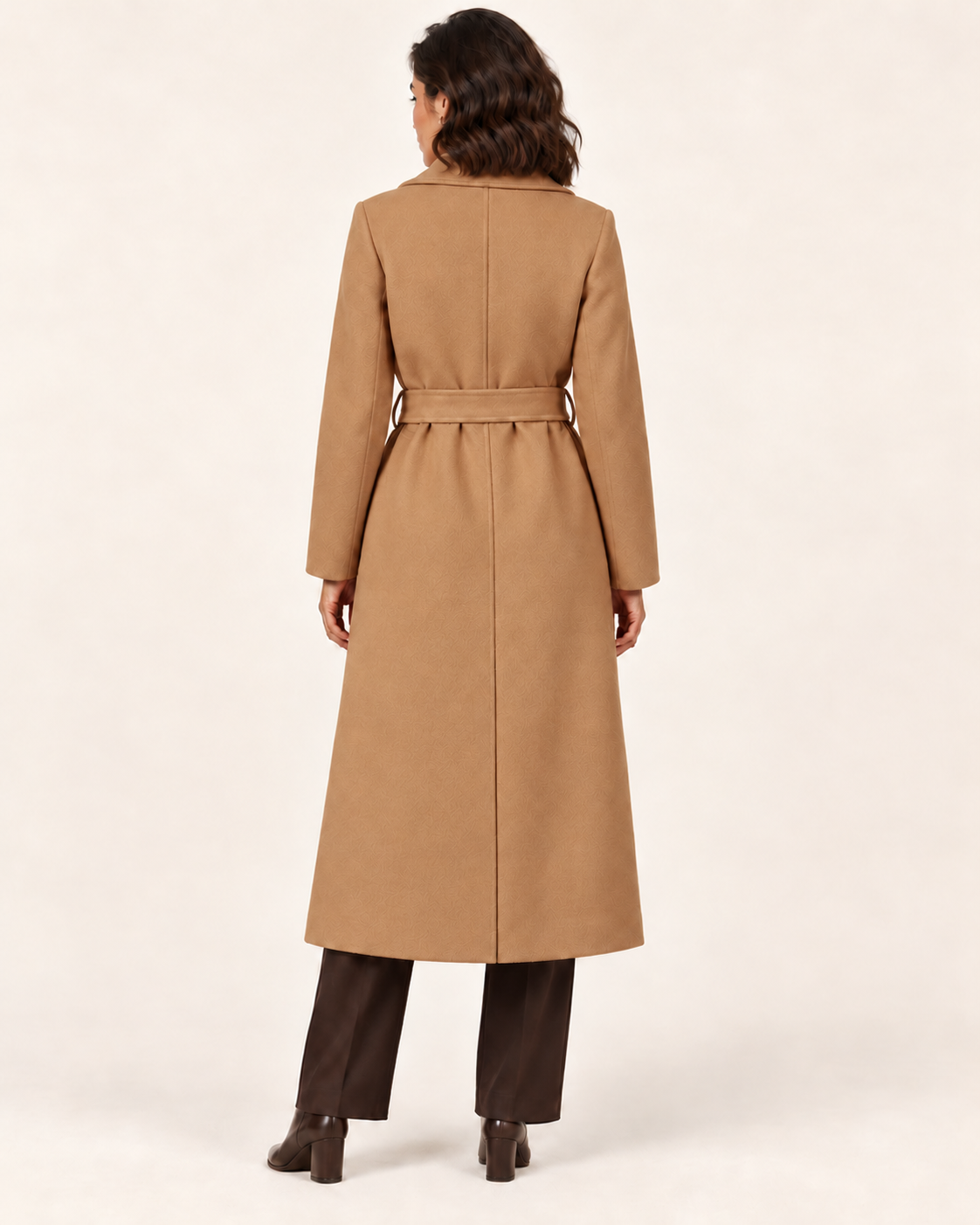 Women's Long Belted Trench Coat in Camel, back view