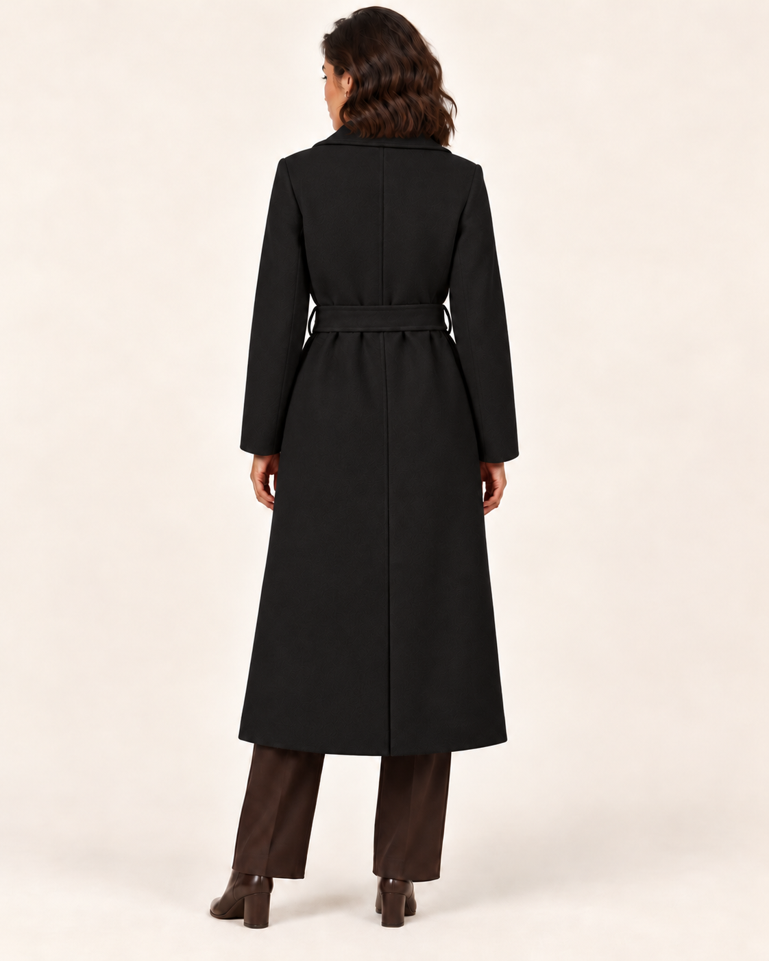 Women's Long Belted Trench Coat in Black, back view