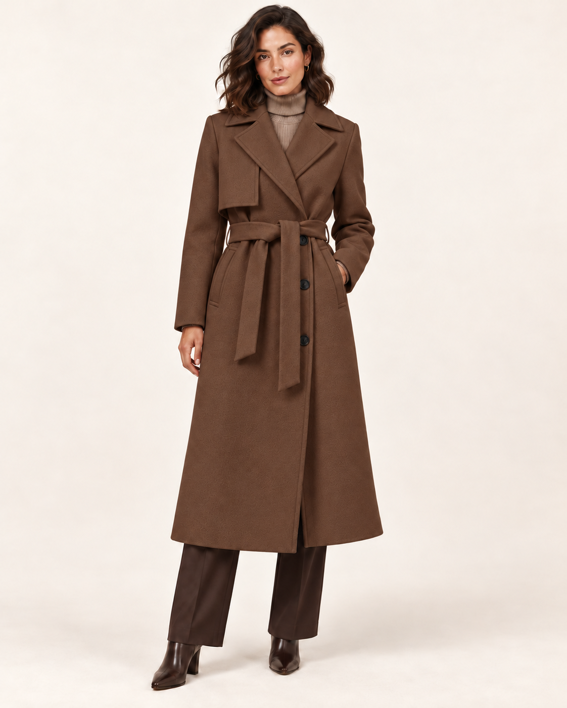 Women's Long Belted Trench Coat in Brown