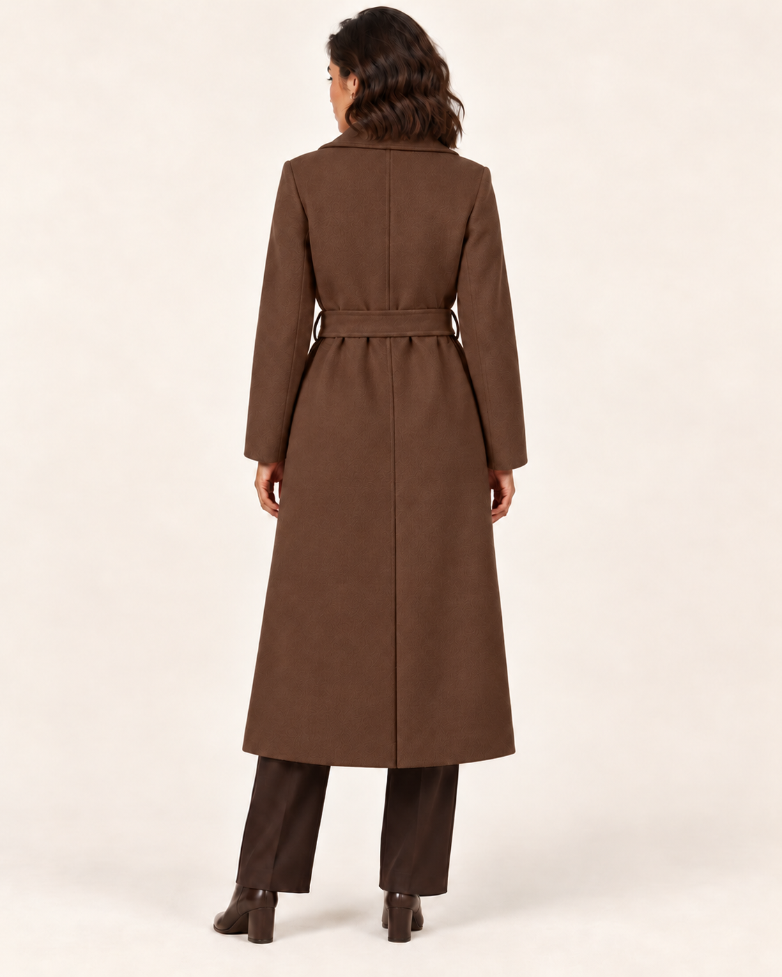 Women's Long Belted Trench Coat in Brown, back view