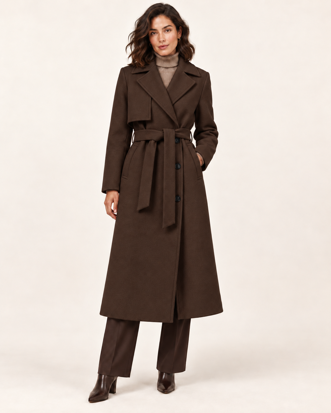 Women's Long Belted Trench Coat in Chocolate Brown