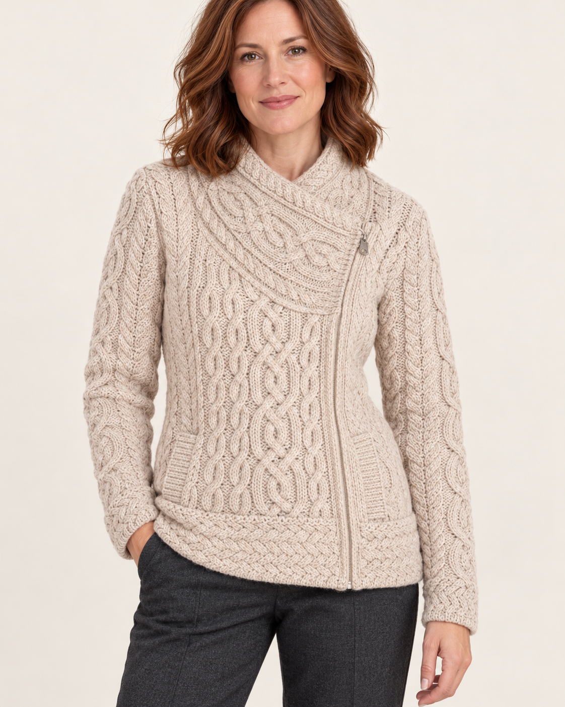 Women's Aran Cable Knit Side Zip Cardigan
