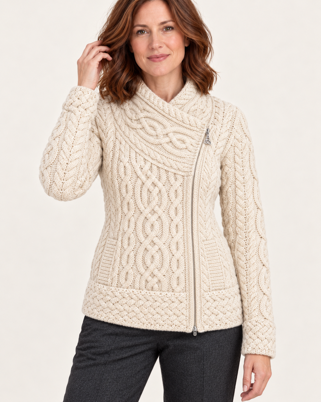 Women's Aran Cable Knit Side Zip Cardigan