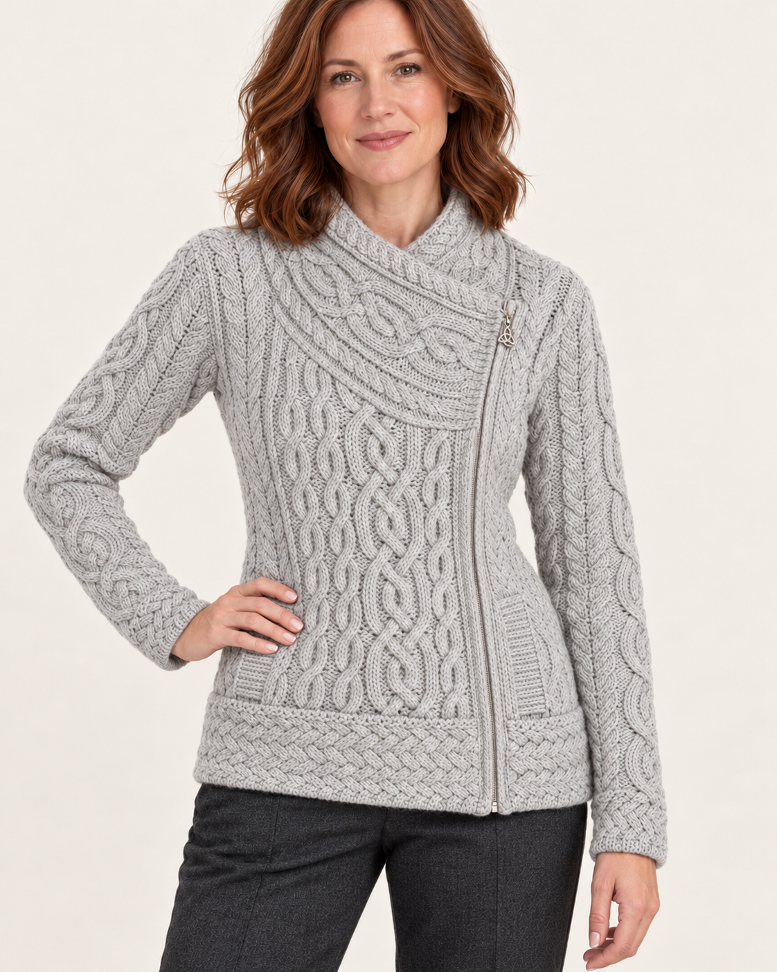 Women's Aran Cable Knit Side Zip Cardigan