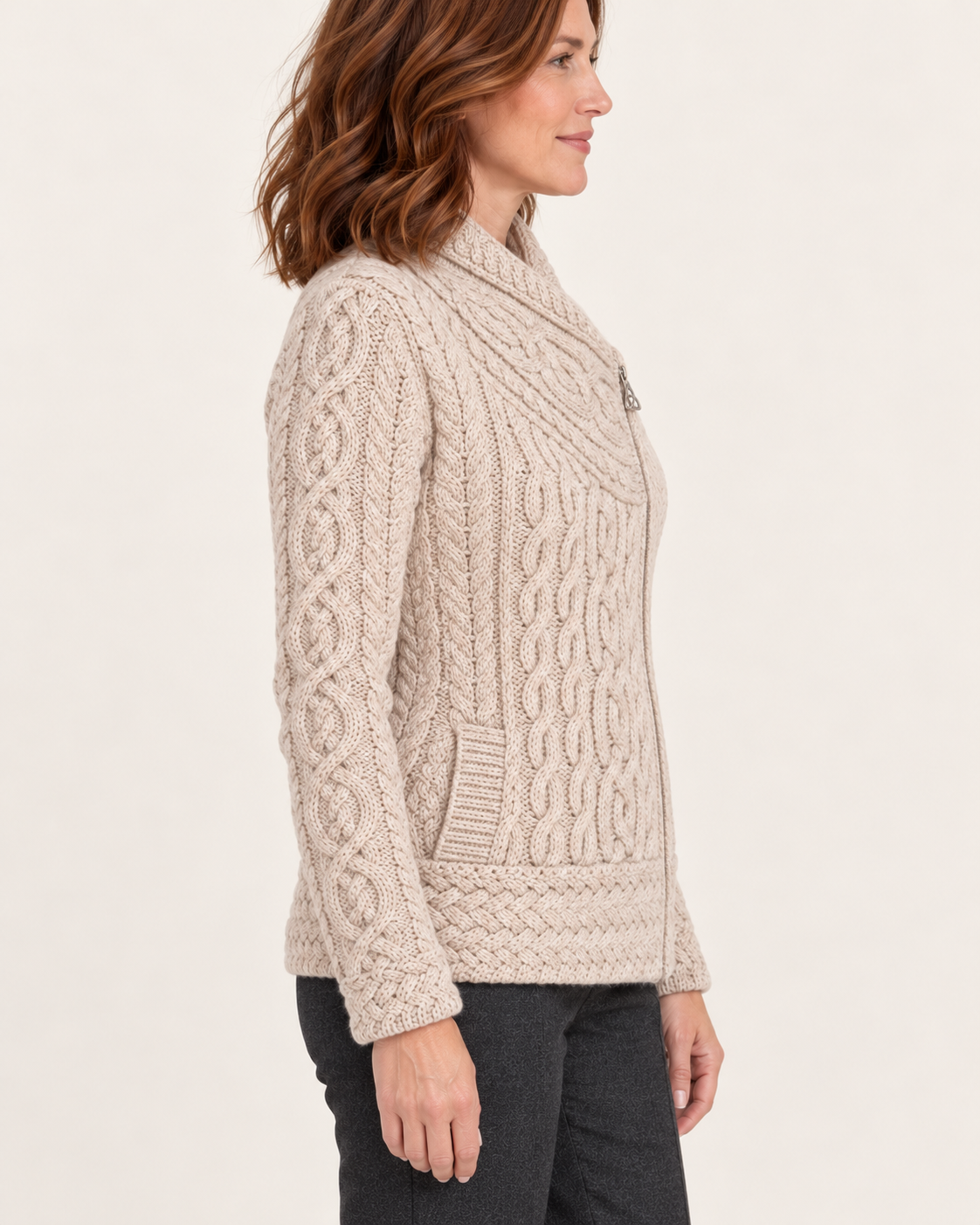Women's Aran Cable Knit Side Zip Cardigan