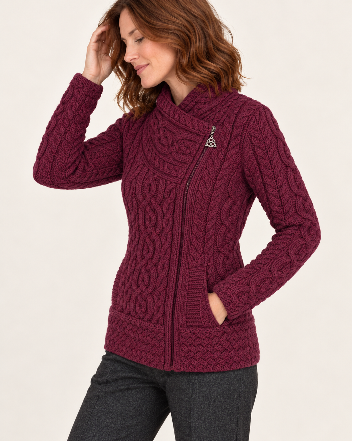 Women's Aran Cable Knit Side Zip Cardigan