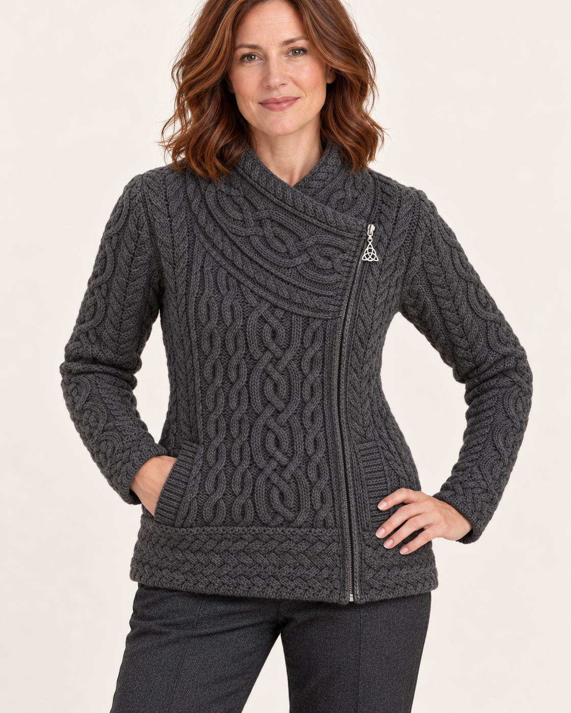 Women's Aran Cable Knit Side Zip Cardigan
