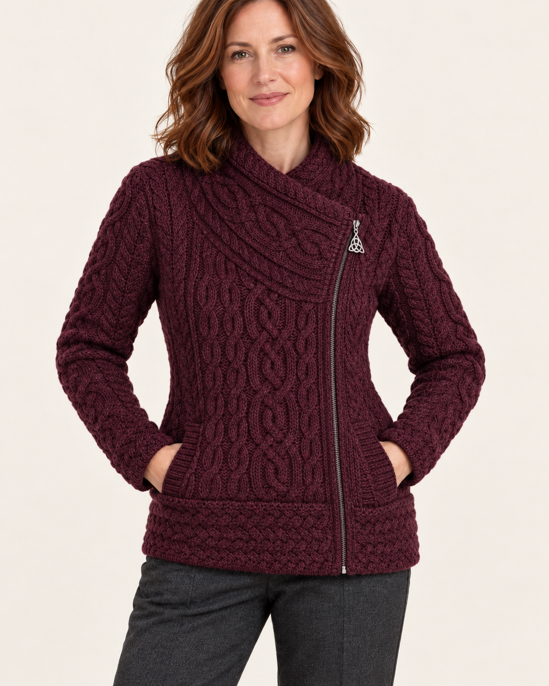 Women's Aran Cable Knit Side Zip Cardigan