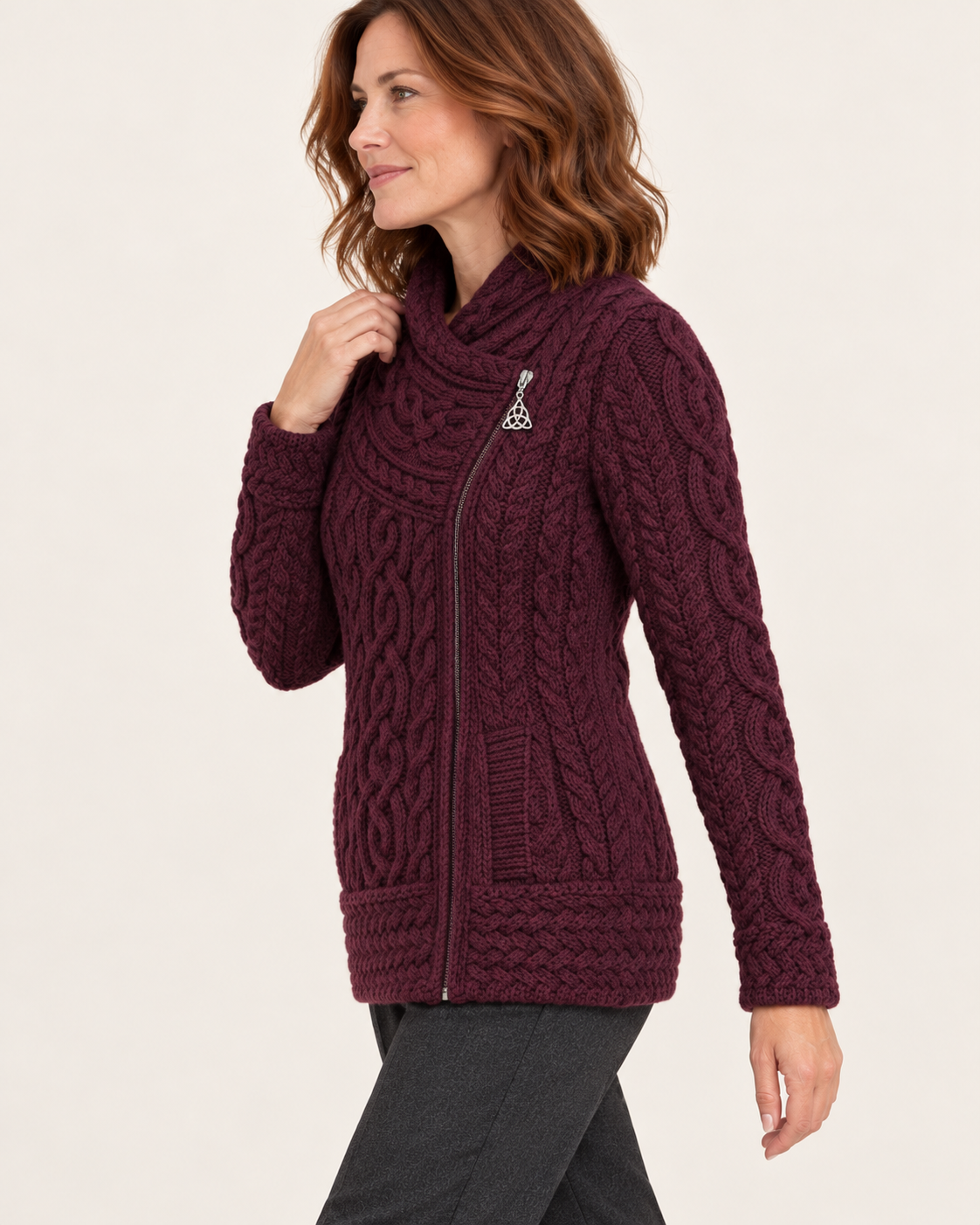 Women's Aran Cable Knit Side Zip Cardigan