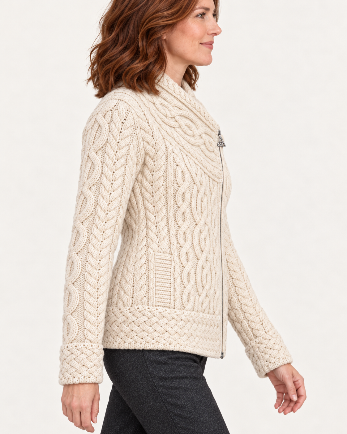 Women's Aran Cable Knit Side Zip Cardigan