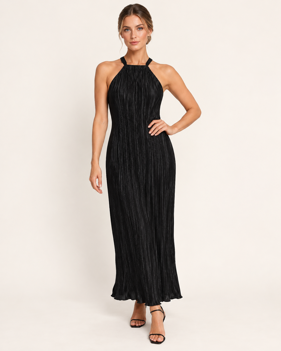 Women's Black Plisse Halterneck Maxi Dress in Black