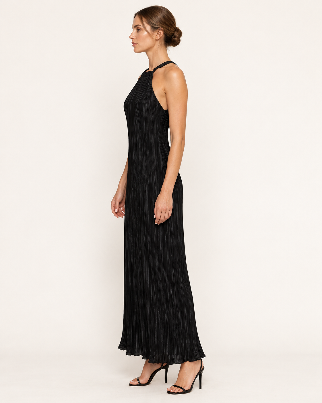Women's Black Plisse Halterneck Maxi Dress in Black, view 2