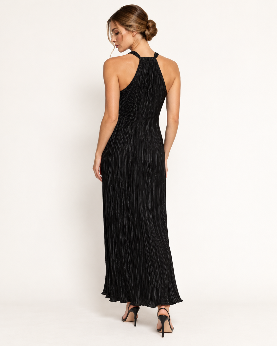 Women's Black Plisse Halterneck Maxi Dress in Black, view 3