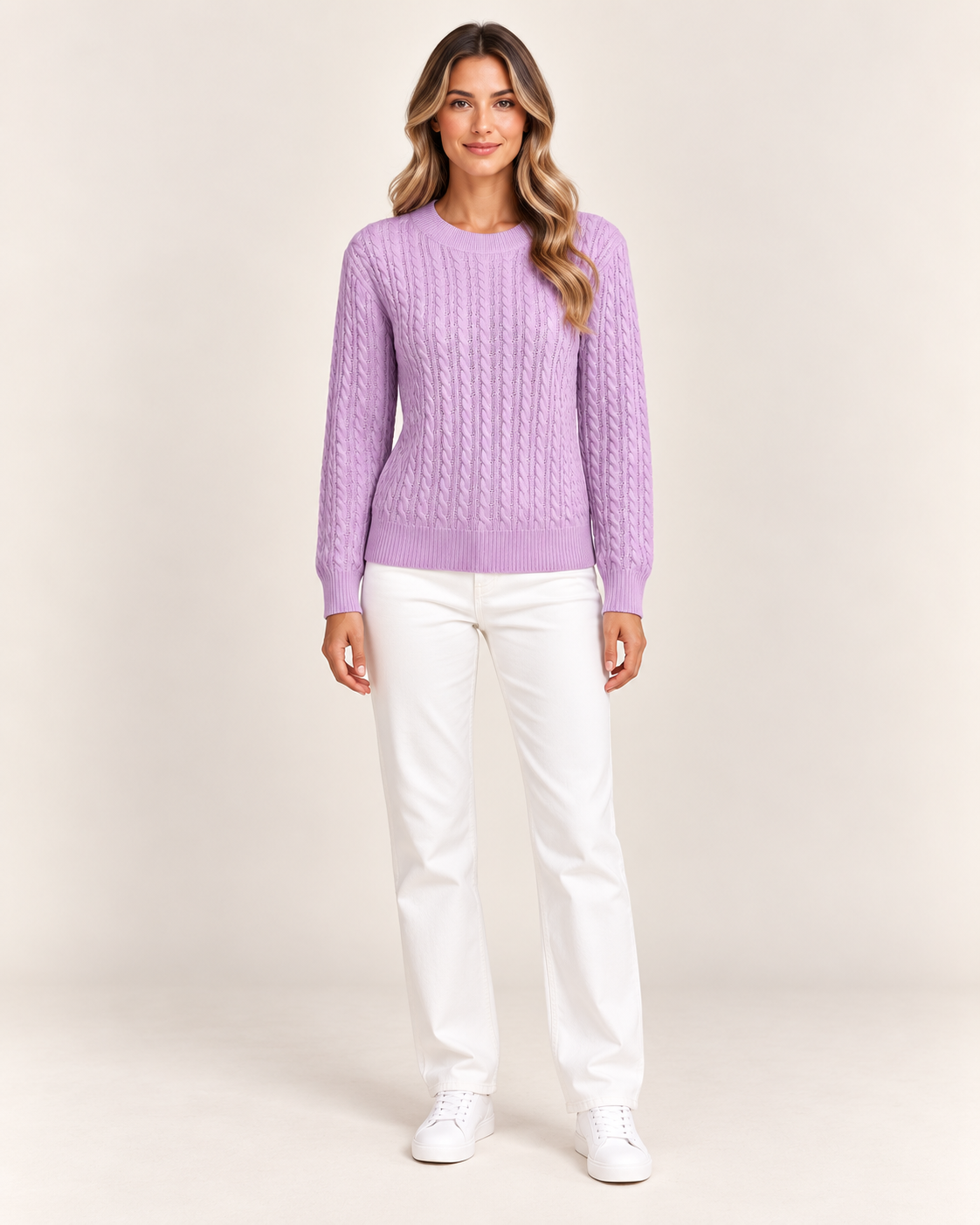 Women's Cable Knit Crew Neck Jumper in Lilac