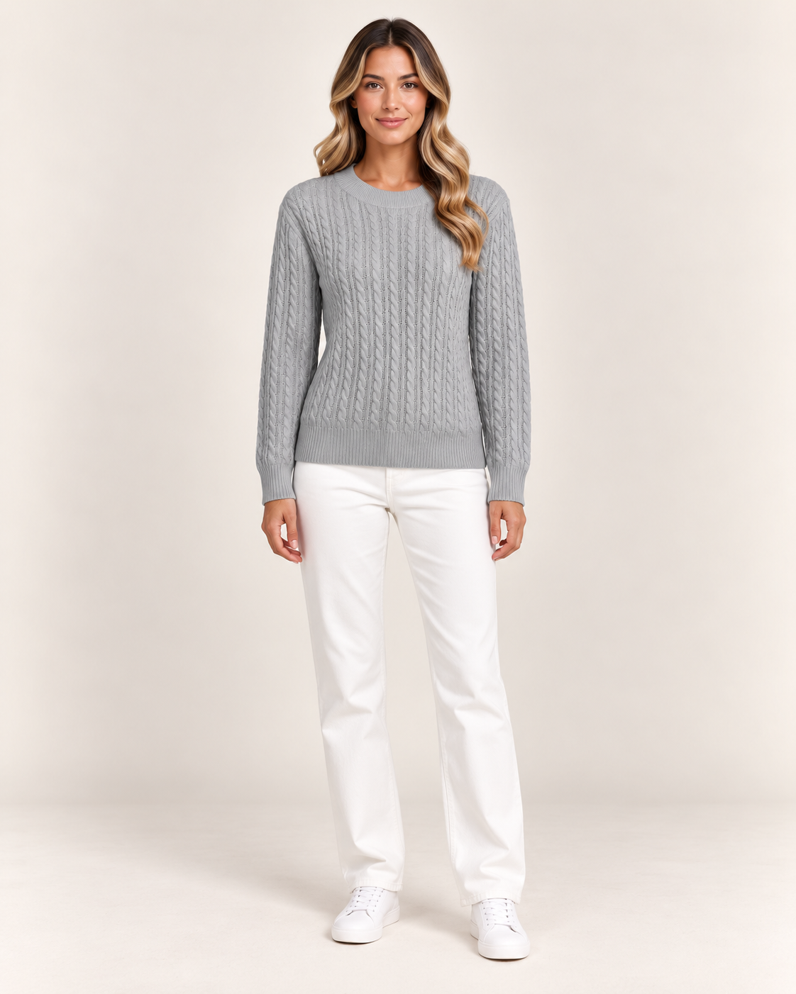 Women's Cable Knit Crew Neck Jumper in Grey
