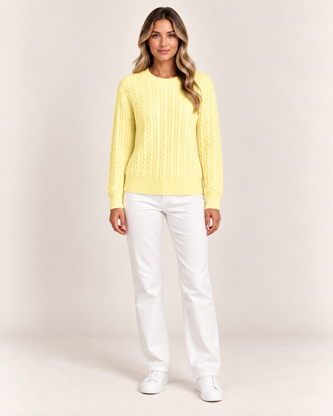 Women's Cable Knit Crew Neck Jumper in Yellow