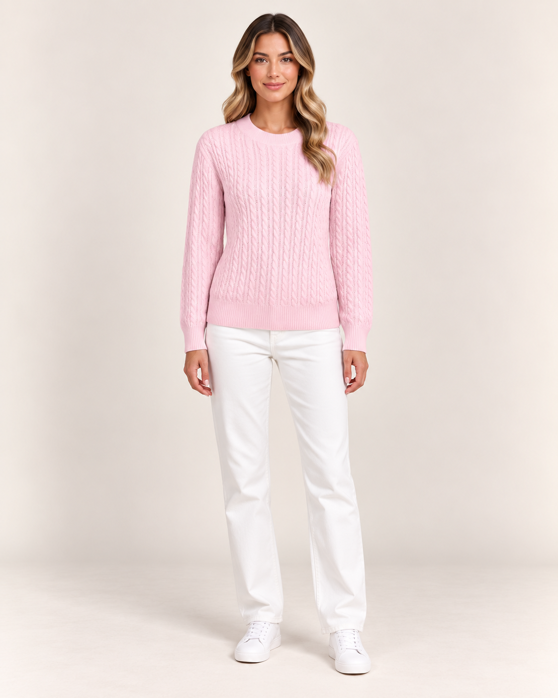 Women's Cable Knit Crew Neck Jumper in Pink