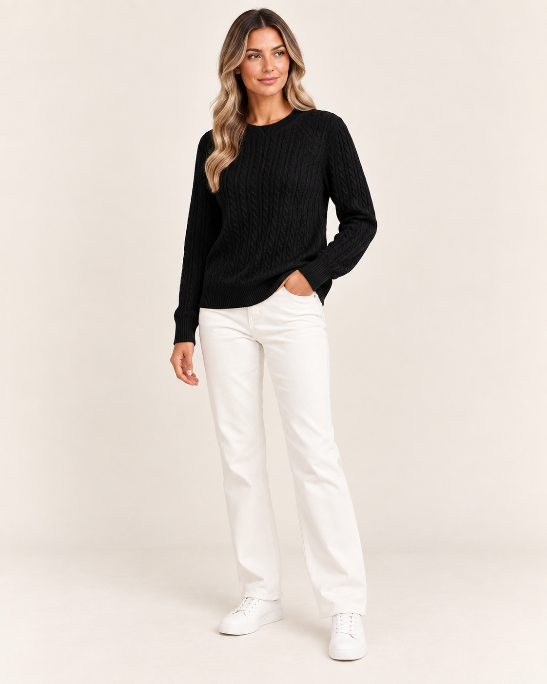 Women's Cable Knit Crew Neck Jumper in Black, full length