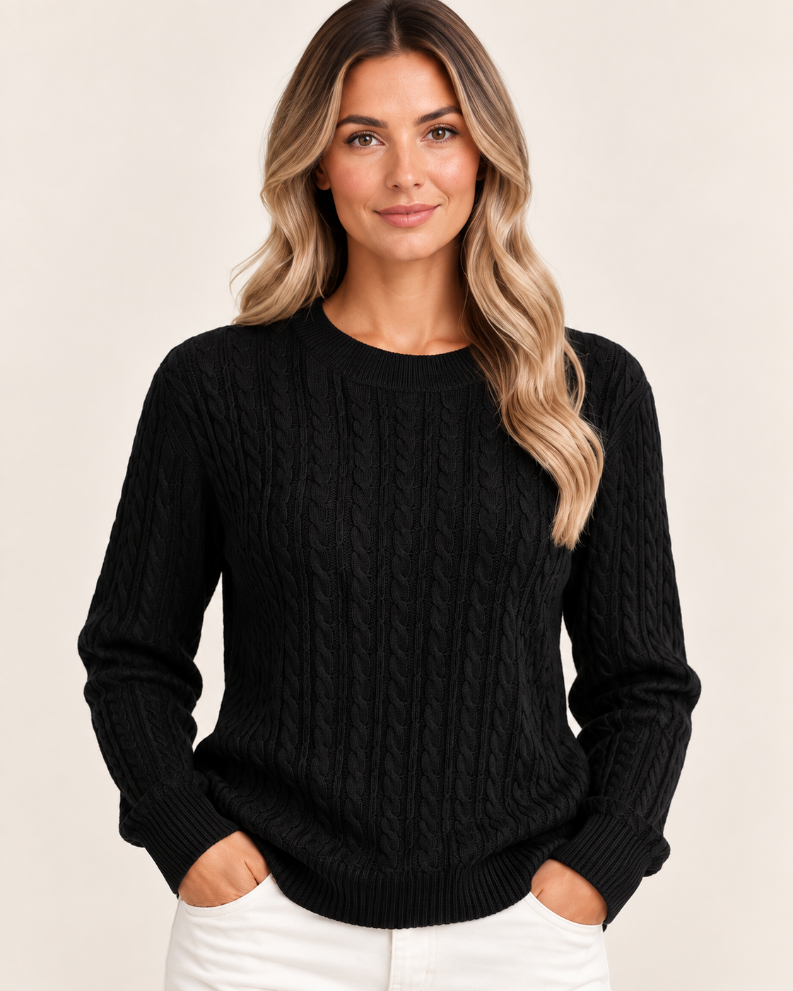 Women's Cable Knit Crew Neck Jumper in Black