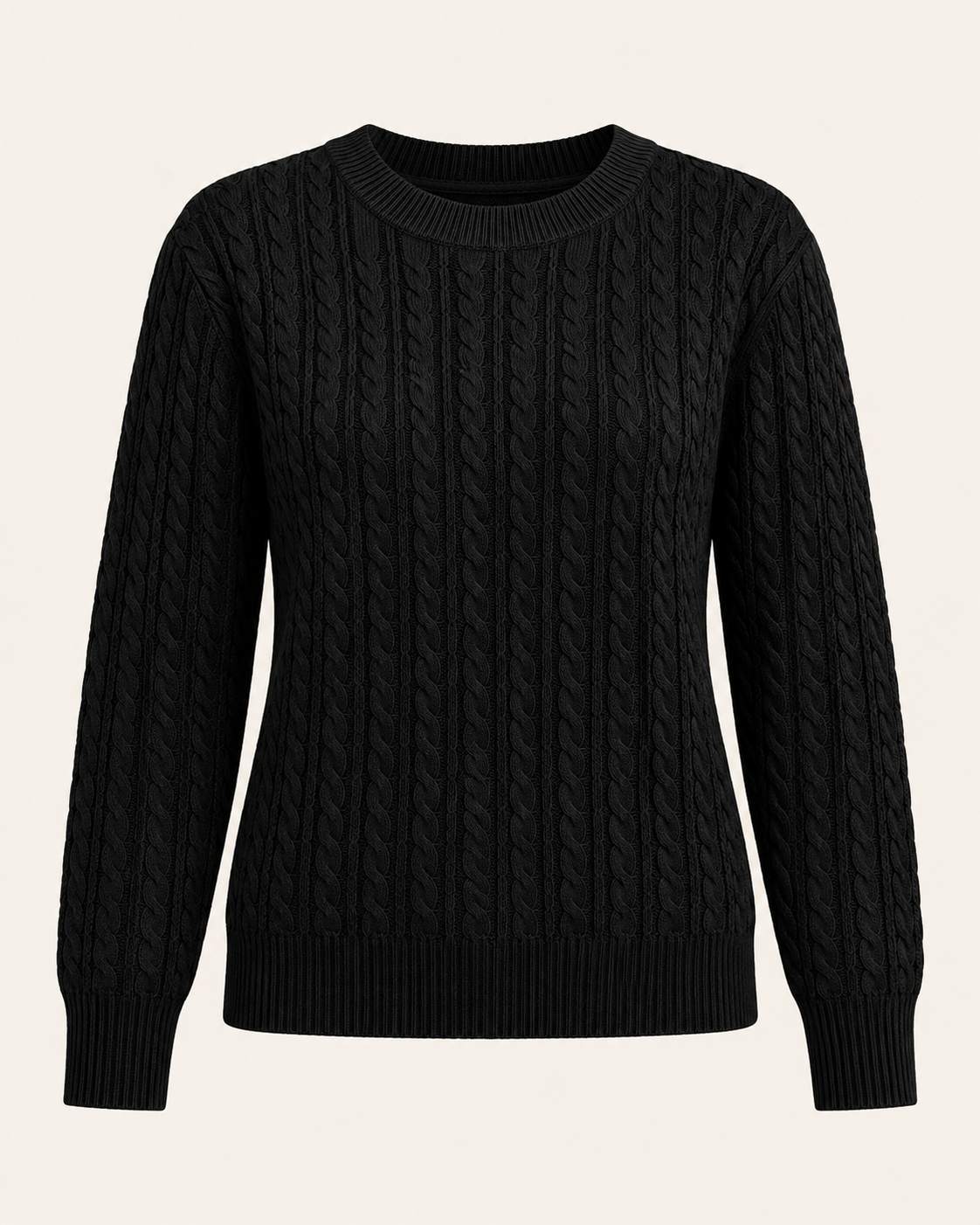 Women's Cable Knit Crew Neck Jumper in Black, laid flat