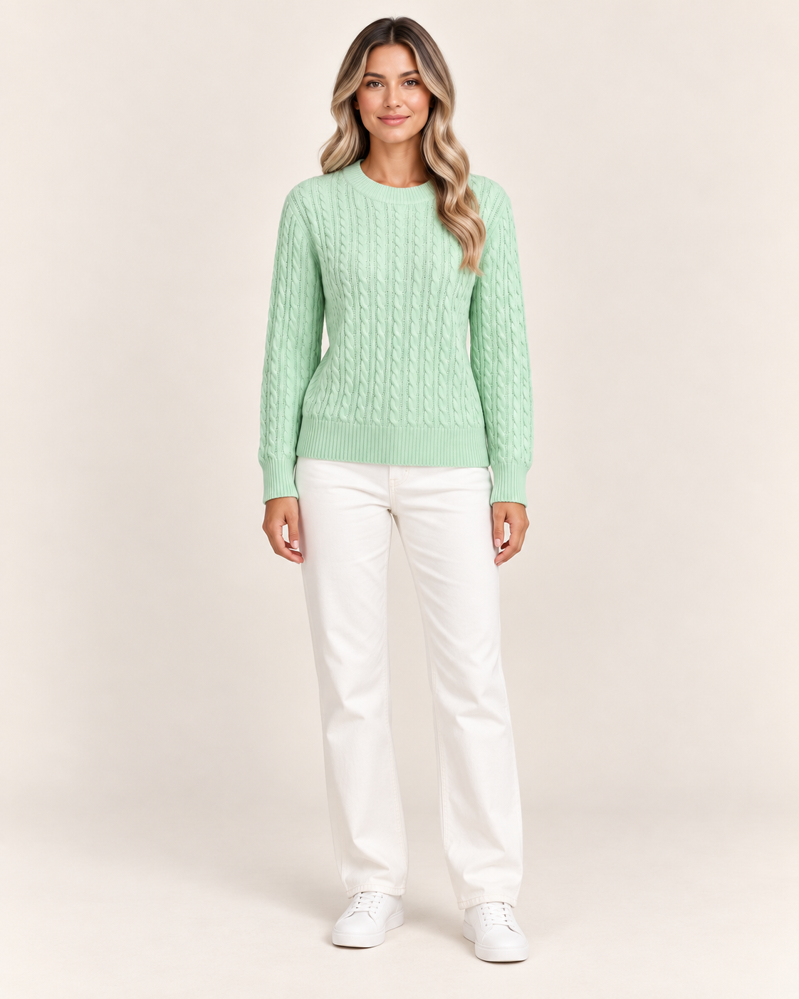 Women's Cable Knit Crew Neck Jumper in Mint Green