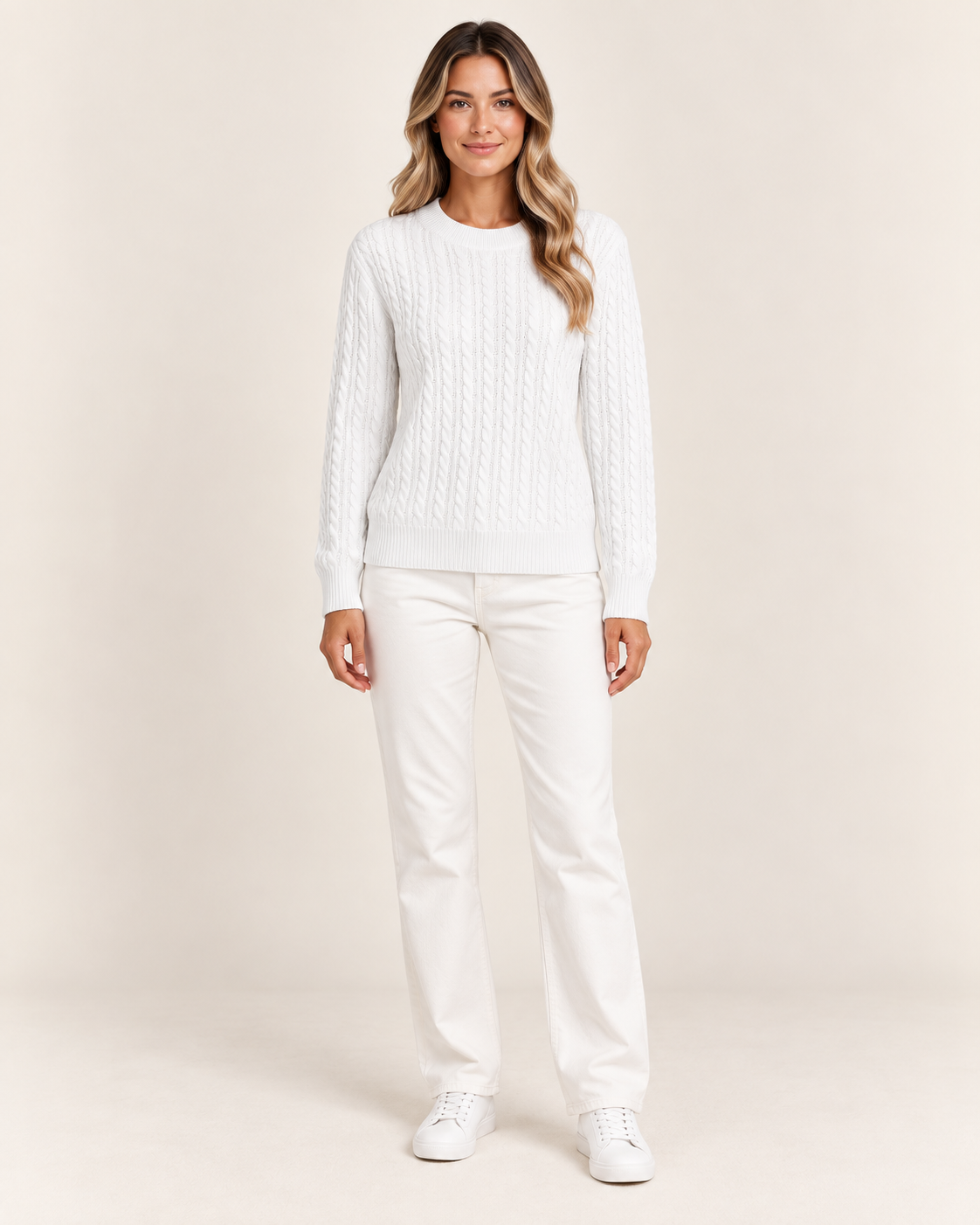 Women's Cable Knit Crew Neck Jumper in White
