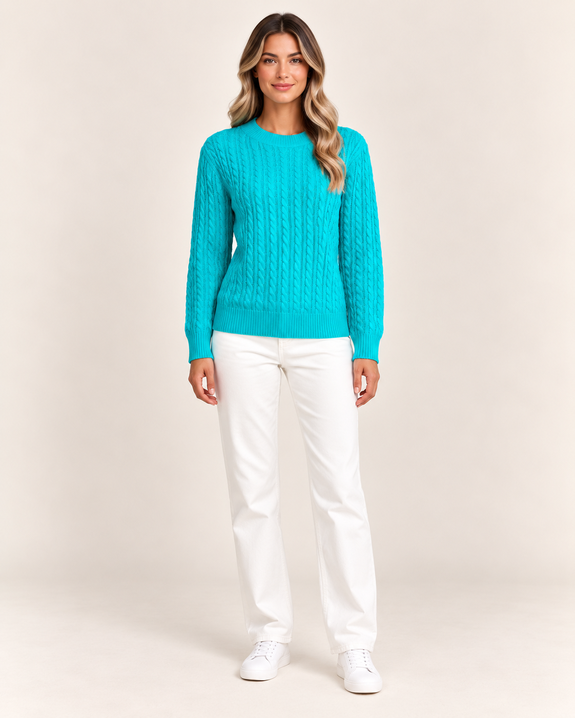 Women's Cable Knit Crew Neck Jumper in Turquoise