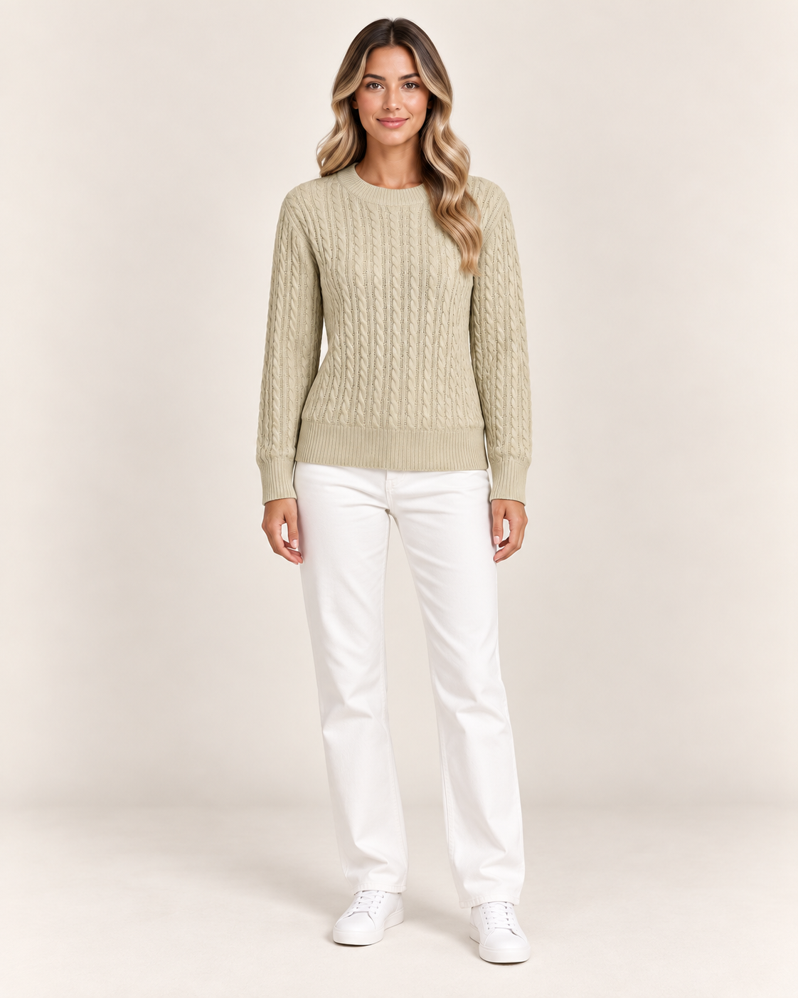 Women's Cable Knit Crew Neck Jumper in Khaki