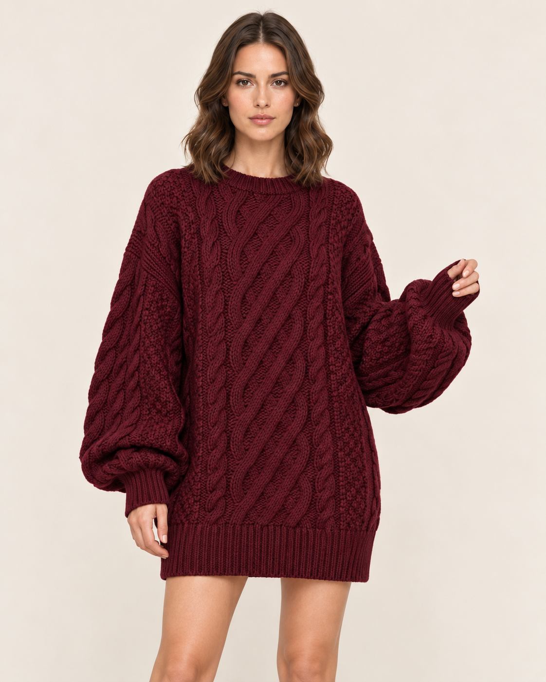 Women's Cable Knit Oversized Jumper Dress with Puff Sleeves