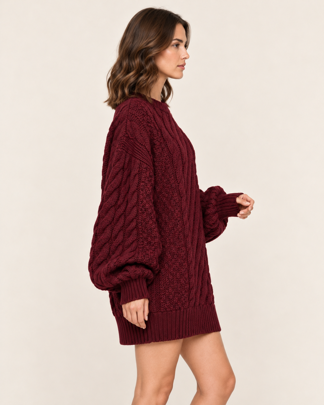 Women's Cable Knit Oversized Jumper Dress with Puff Sleeves